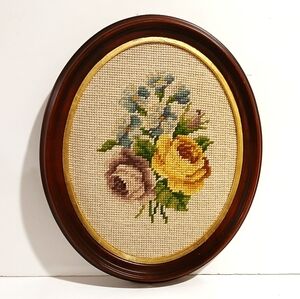 Vintage Framed Floral Needlepoint Wall Art - Yellow Rose Bouquet